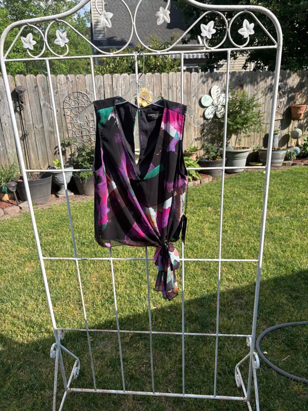 New York & Company Floral Tie-Front Blouse in Black, Magenta & Teal